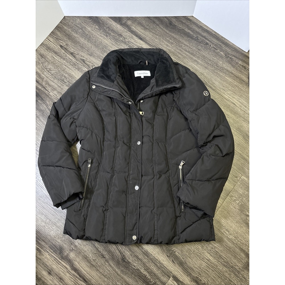 CALVIN KLEIN Puffer Coat XL Faux Fur Lined Zip/Snap Jacket EC Black No Hood